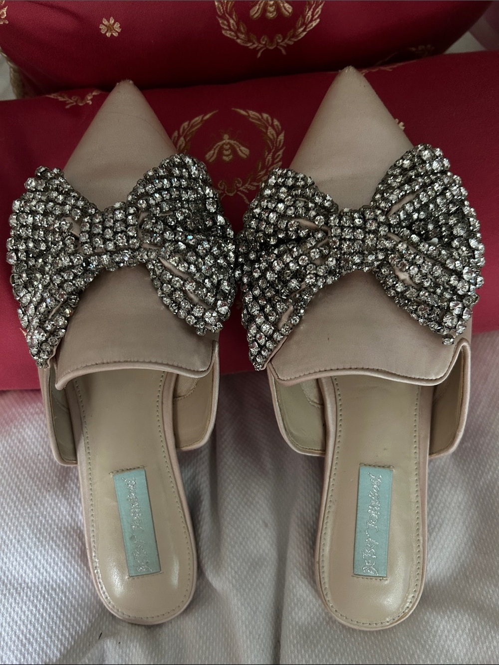 Betsey Johnson Blush Pink Rhinestone Bow Mule Slides